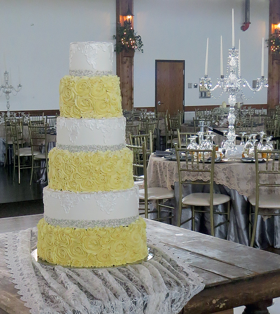yellow rosettes lace bling wedding cake