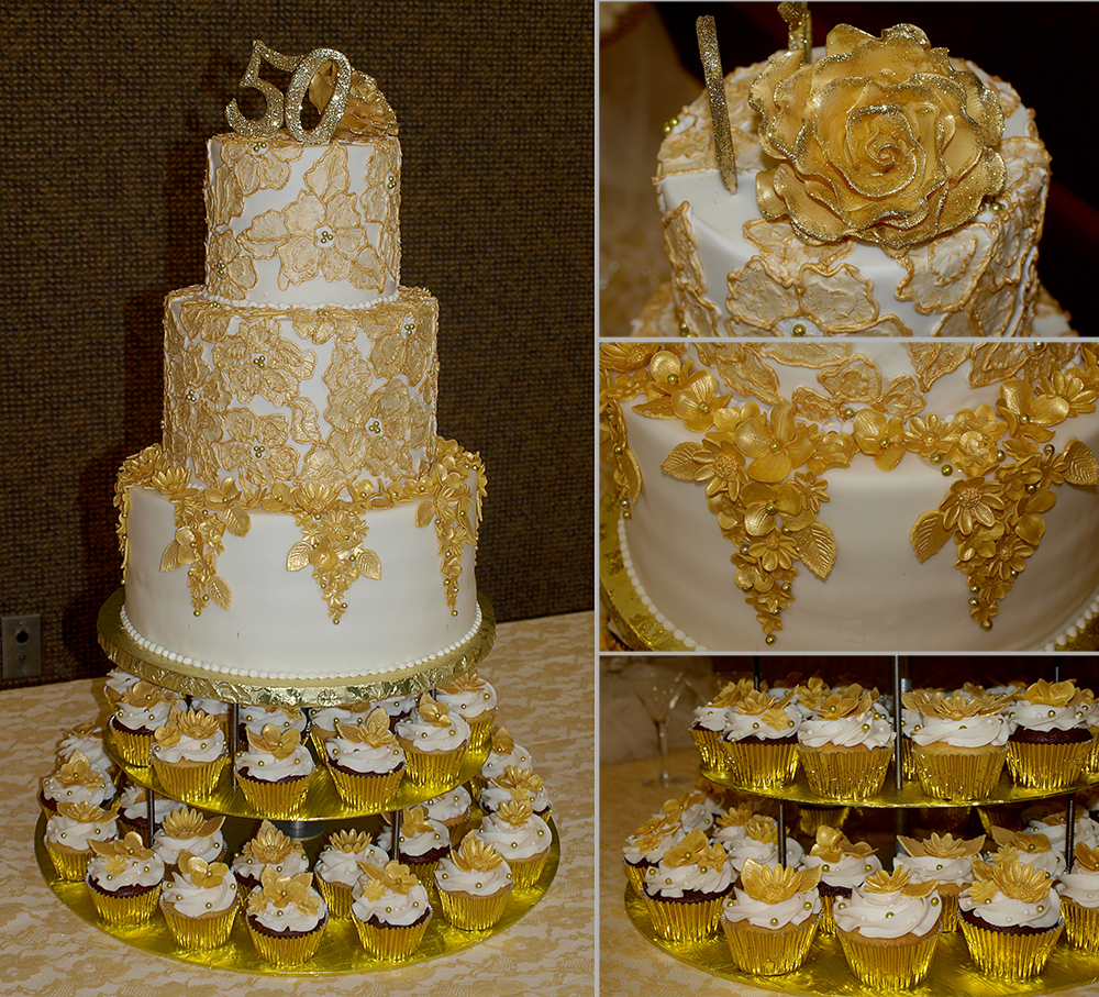 Golden 50th Wedding Anniversary Cake and Cupcakes