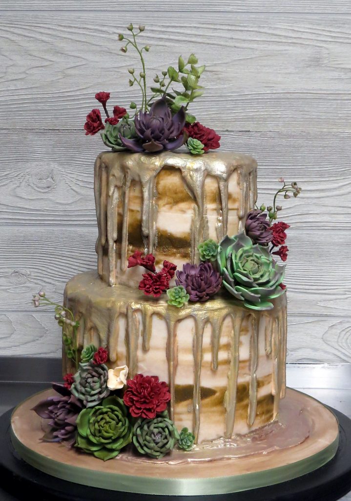 Rustic Cake with Succulents and Gold Drips