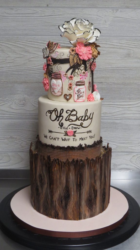 Pink and Tan Mason Jar Baby Shower Cake