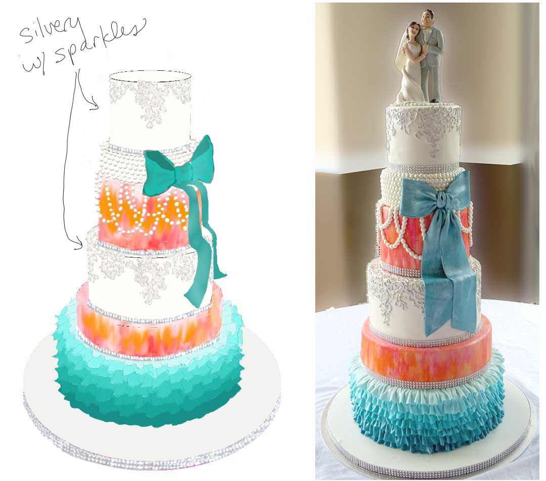 Sketch-vs-Cake Teal Orange Pink Wedding Cake
