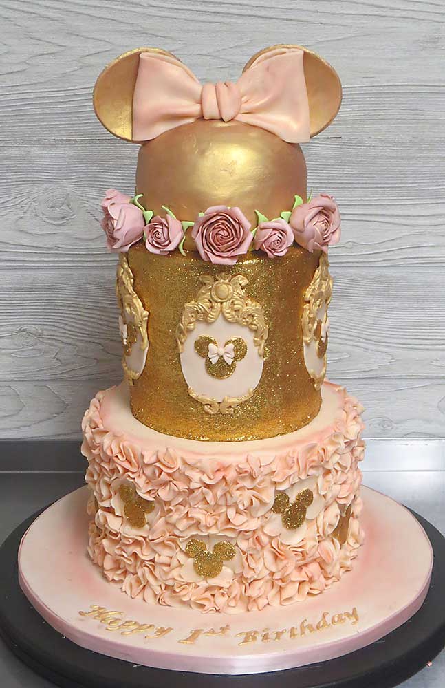 Pink Gold Minnie Mouse 1st Birthday Cake