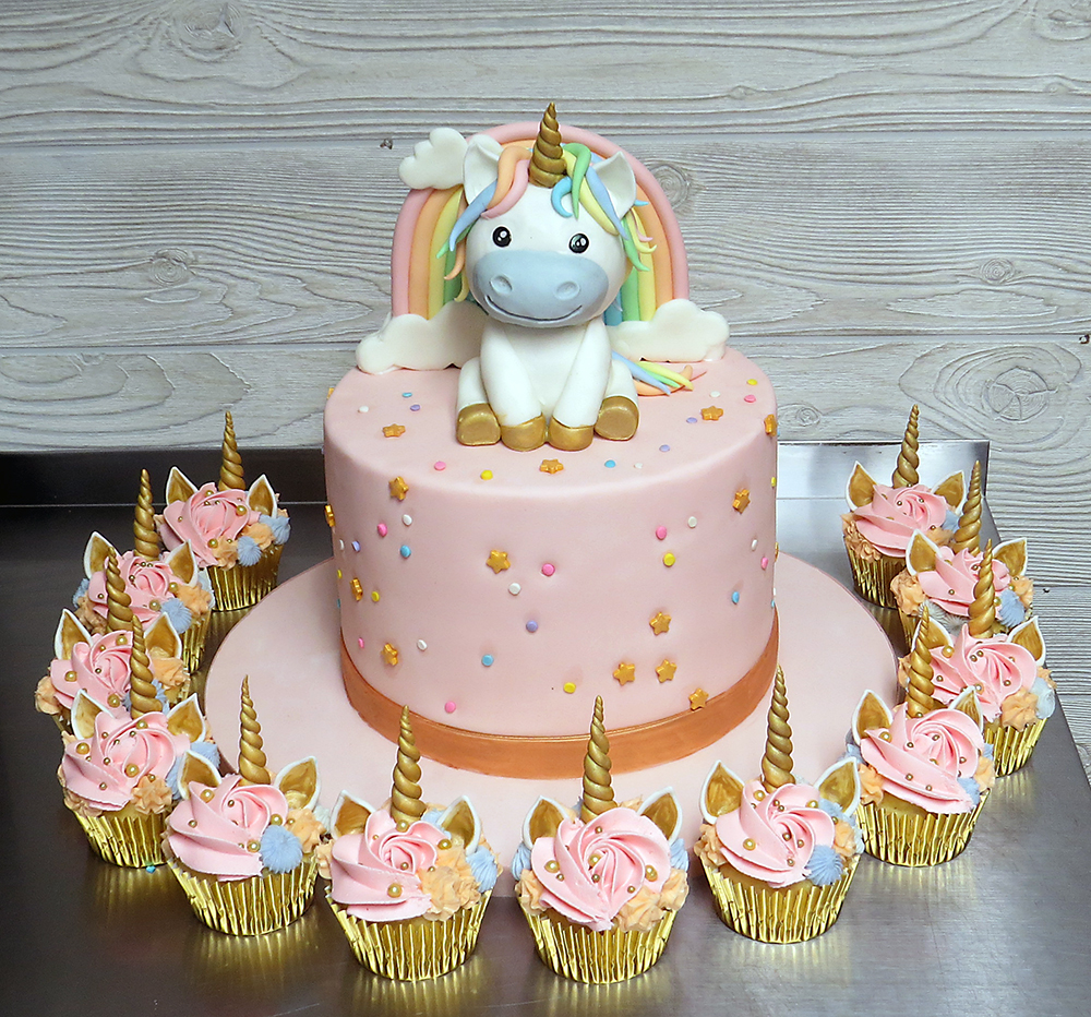 Pastel and Gold Rainbow Unicorn Cake and Cupcakes