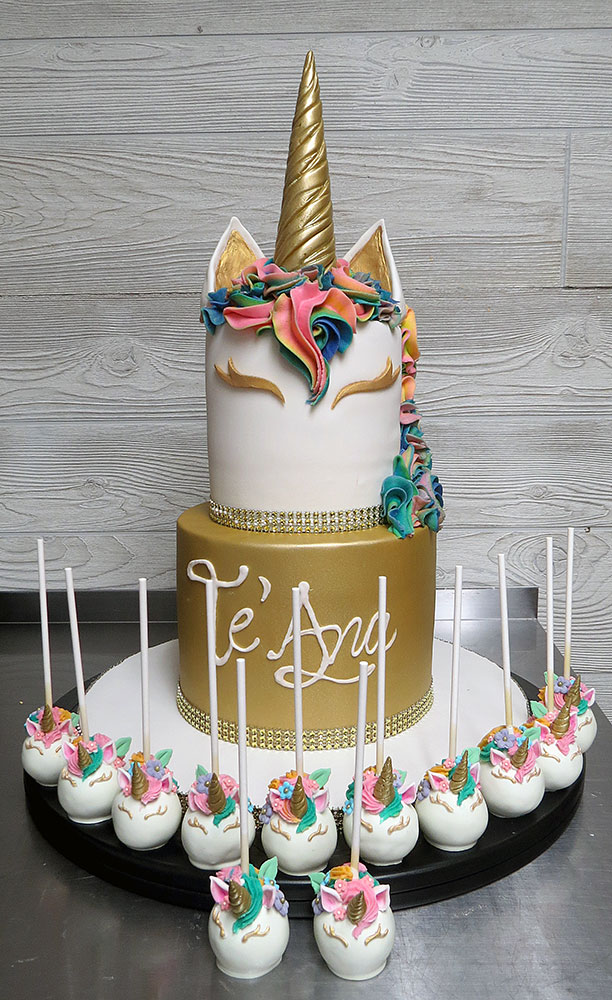 Gold Rainbow Unicorn Cake and Cake Pops
