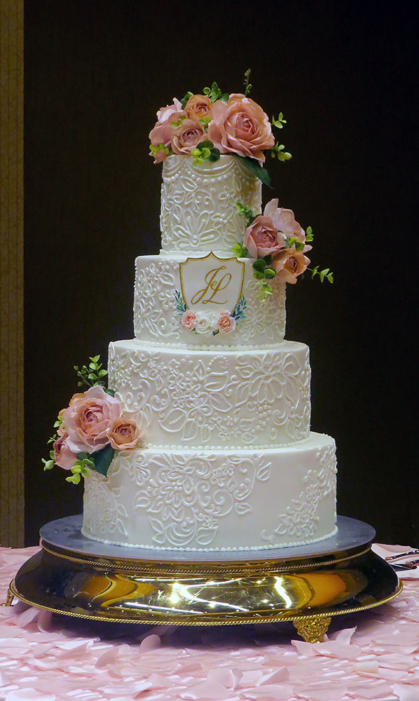 Lace Blush Pink Gold Wedding Cake