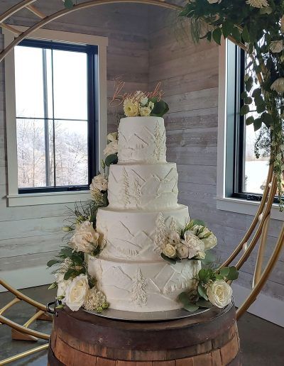 White Rustic Snowy Mountain Wedding Cake